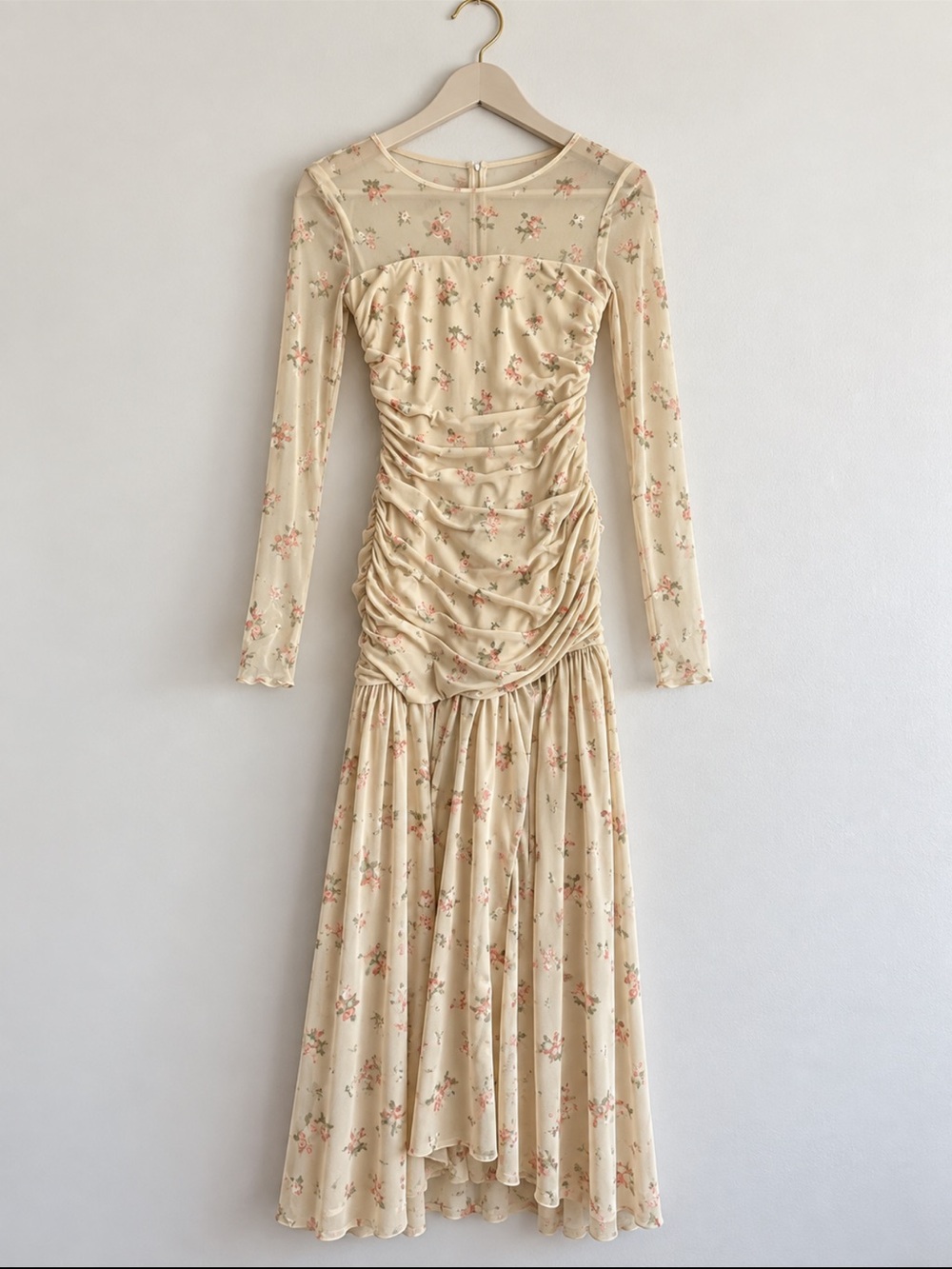 Lulu's Cream Floral Ruched Long Sleeve Maxi Dress
